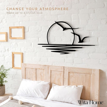 Wita Home Sunset with Seagulls Metal Wall Mounted Art, Handcrafted Metal Home Decor with Static