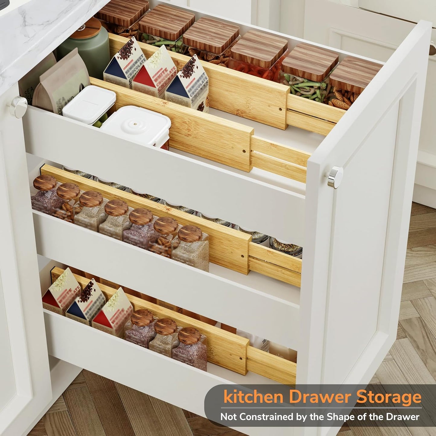 BAMEOS 3" H Bamboo Drawer Dividers - Adjustable Expandable Drawer Organizer - Kitchen, Bathroom