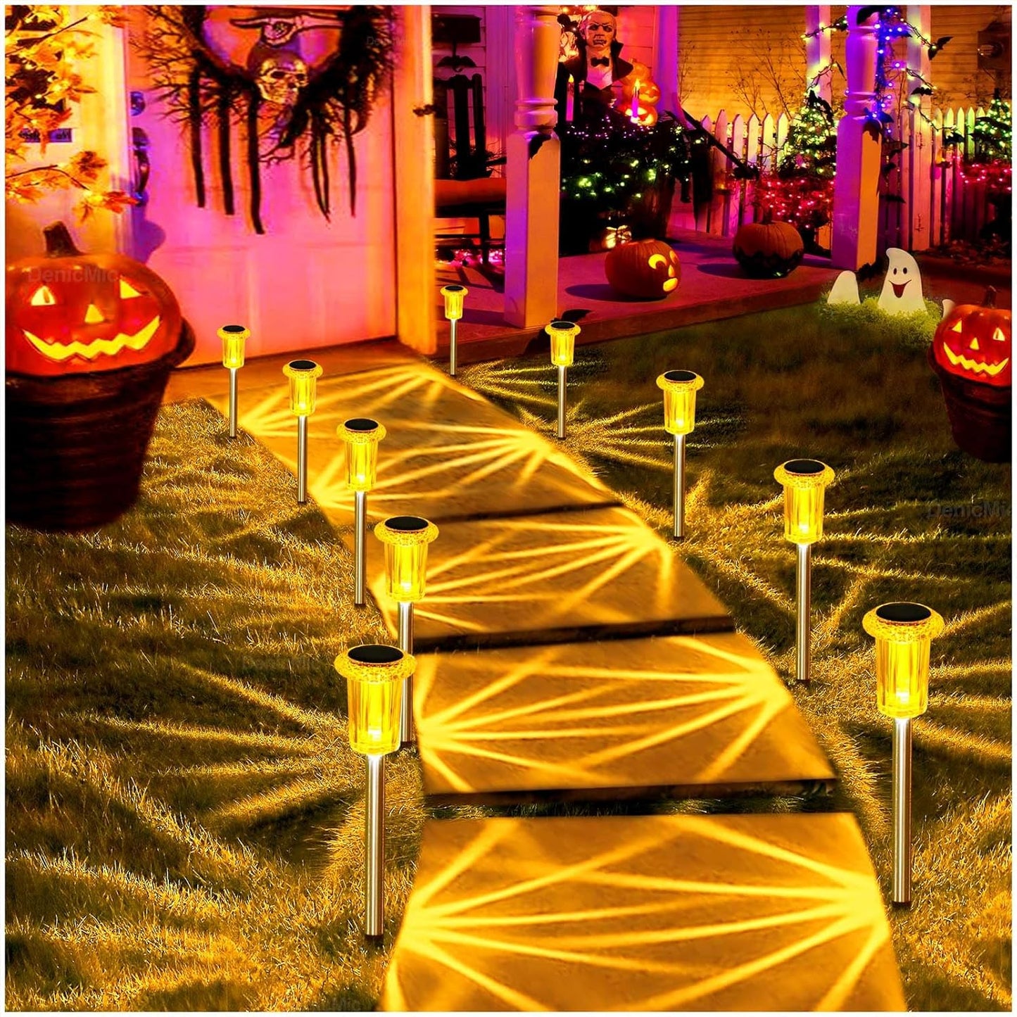 DenicMic Halloween Solar Lights Outdoor 10 Pack Orange LED Waterproof Yard Garden Patio Backyard