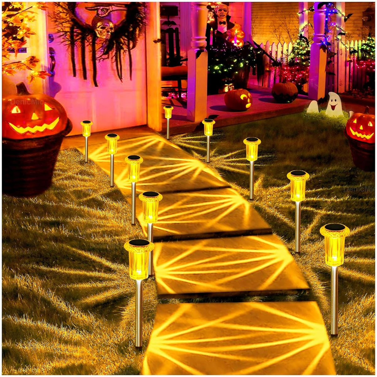 DenicMic Halloween Solar Lights Outdoor 10 Pack Orange LED Waterproof Yard Garden Patio Backyard