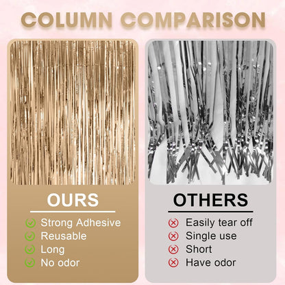 3 Pack 3.3x8.2 Feet Champagne Foil Fringe Backdrop Curtains, Tinsel Streamers Birthday Party