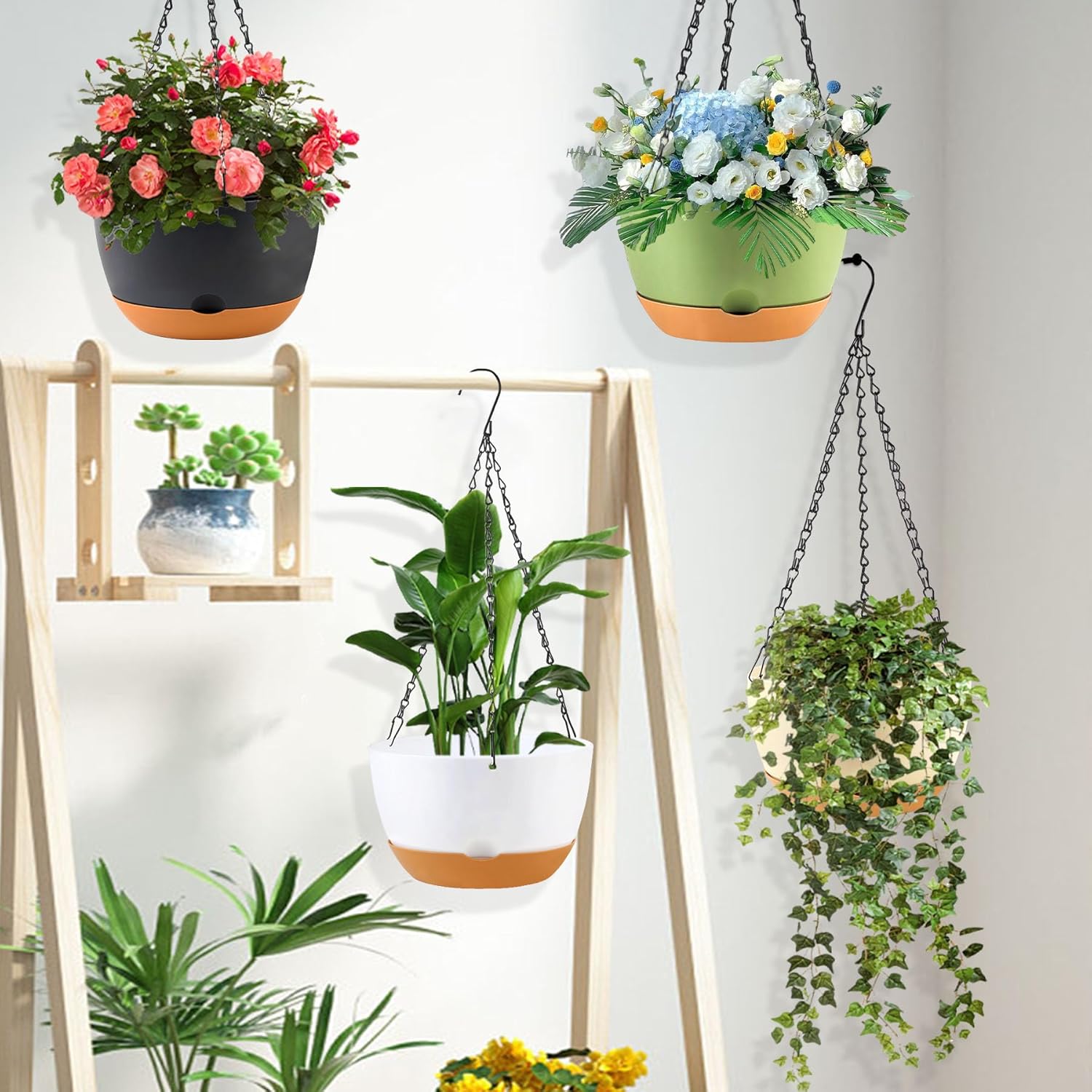 10 inch Plant Pot Hanging Planters Self Watering Pots for Indoor Plants, 3 Pack Plastic Hanging