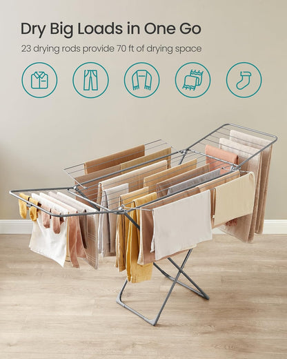 SONGMICS Clothes Drying Rack, Metal Laundry Drying Rack, Foldable, Space-Saving, Free-Standing