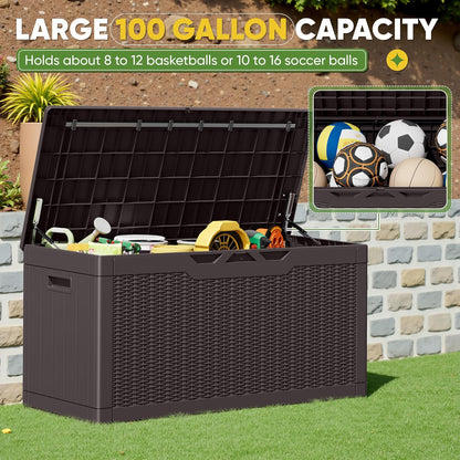 Greesum 100 Gallon Resin Deck Box Lockable Large Outdoor Storage Boxes for Garden Tools, Patio