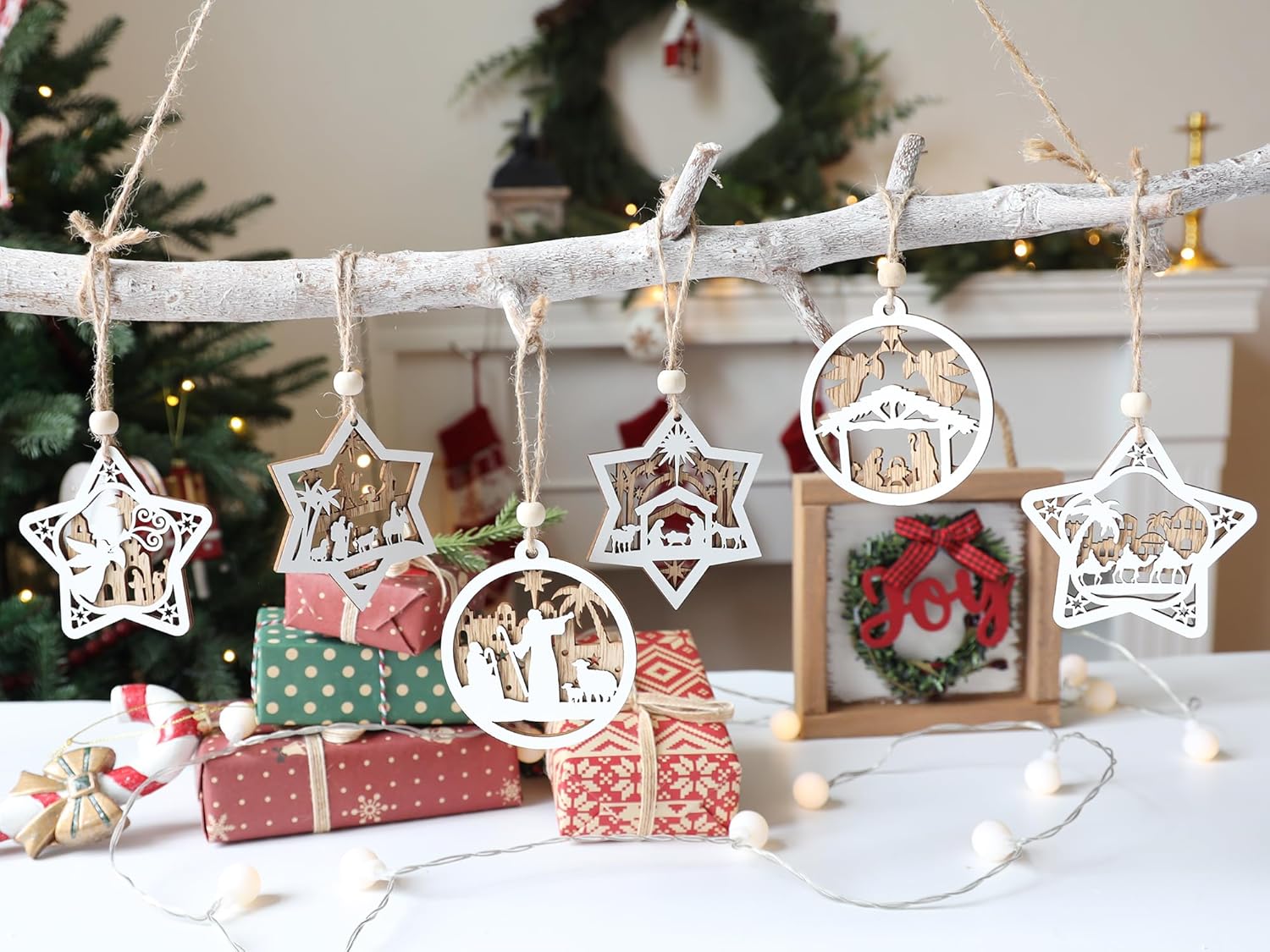 18Pcs Nativity Christmas Tree Ornaments Set, Wooden Nativity Scene Ornament, Religious Gift for