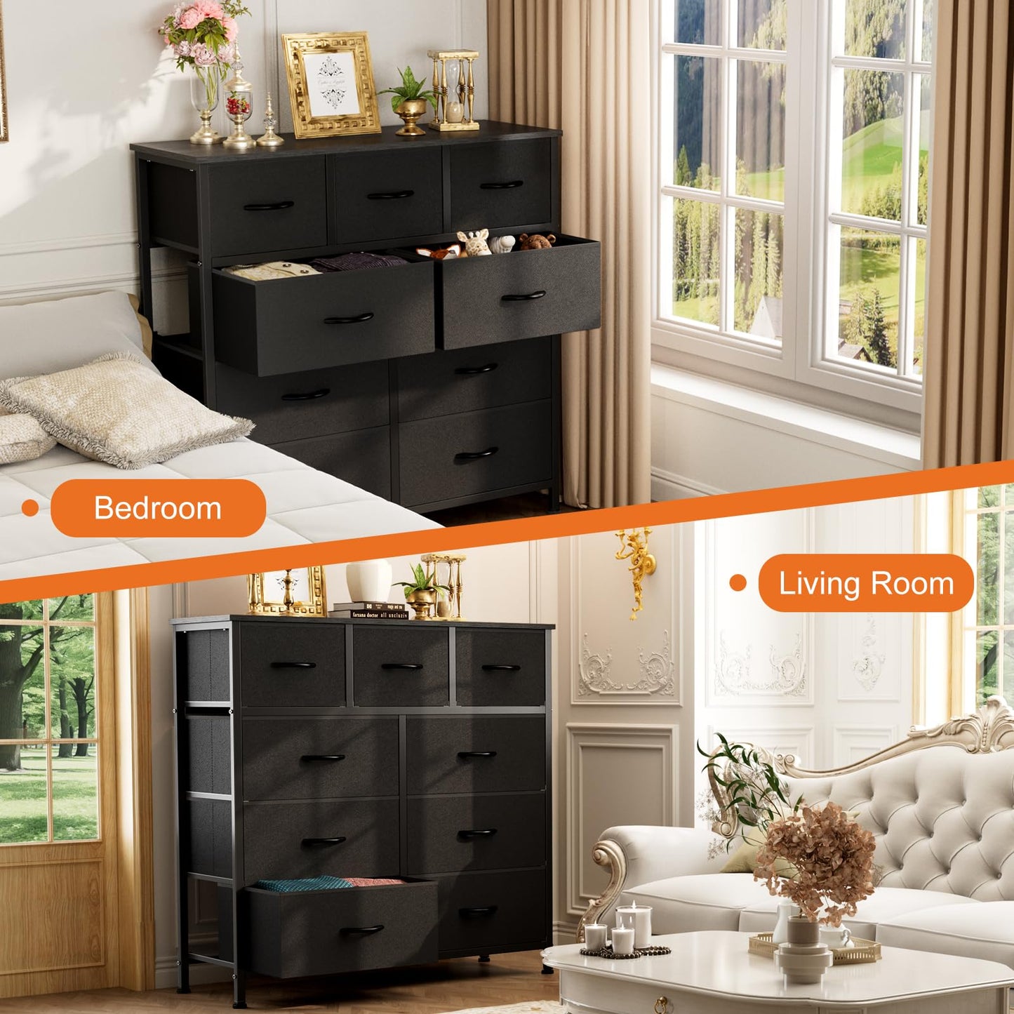 Sweetcrispy 9-Drawer Fabric Dresser Storage Tower with Wood Top, Black