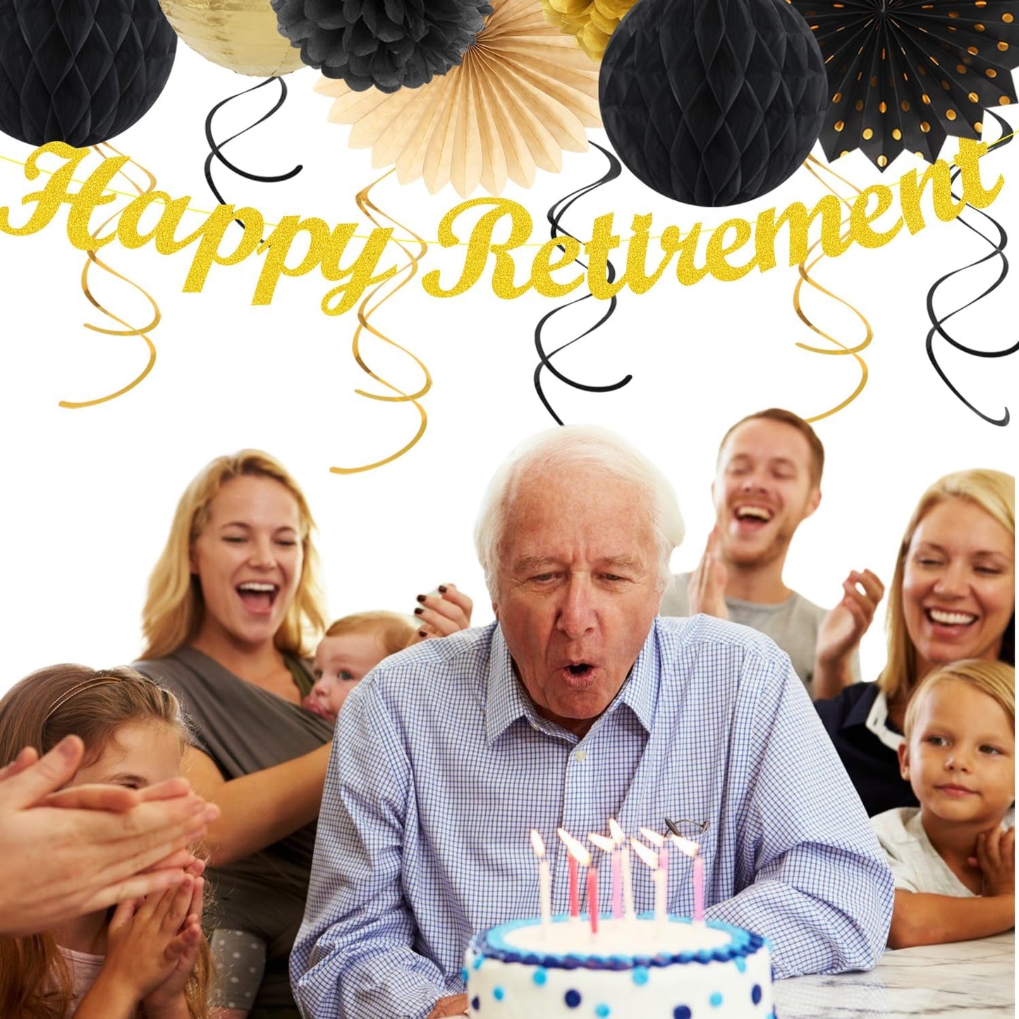 Black Gold Women-Men Happy-Retirement Party-Decorations - 21pcs Celebration Banner,Paper Streamers