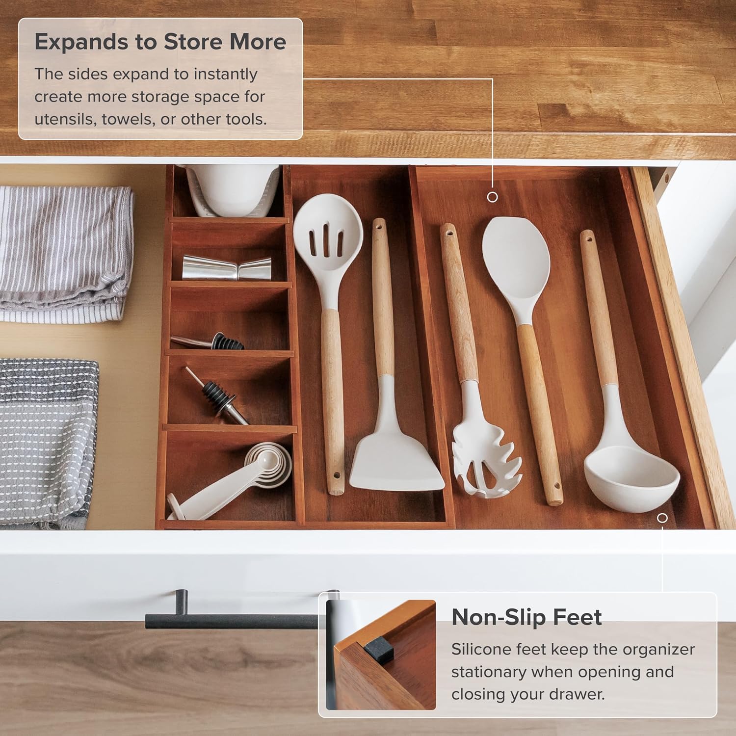 Adjustable Kitchen Drawer Organizer for Utensils and Junk, Food-Safe Contract Grade with 100%