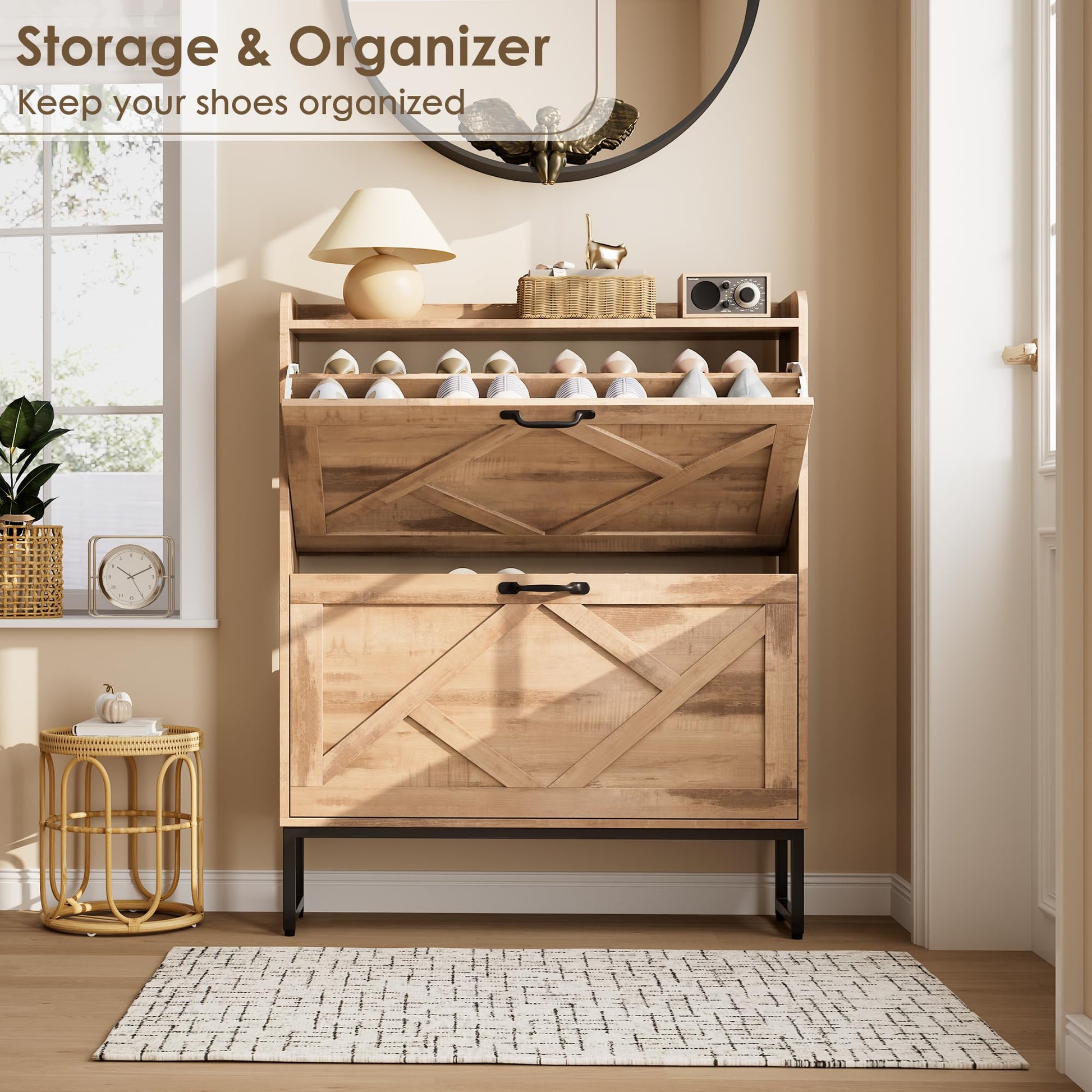 Nicetree Shoe Storage Cabinet with 2 Flip Drawers, Entryway Organizer, Oak