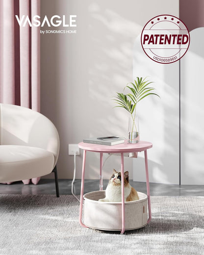 VASAGLE Side Table with Charging Station, Round End Table with Fabric Basket, Nightstand with Power