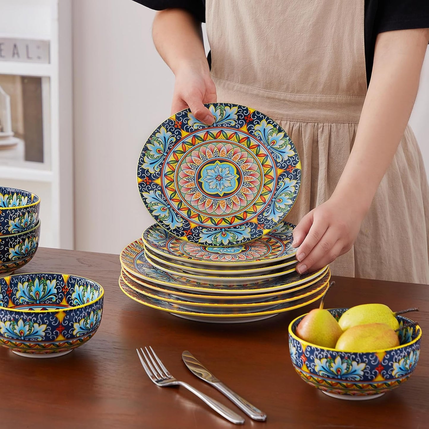 vancasso 12 Pieces Dinnerware Sets, Yellow Plates and Bowls Set, Porcelain Dishes Set for 4