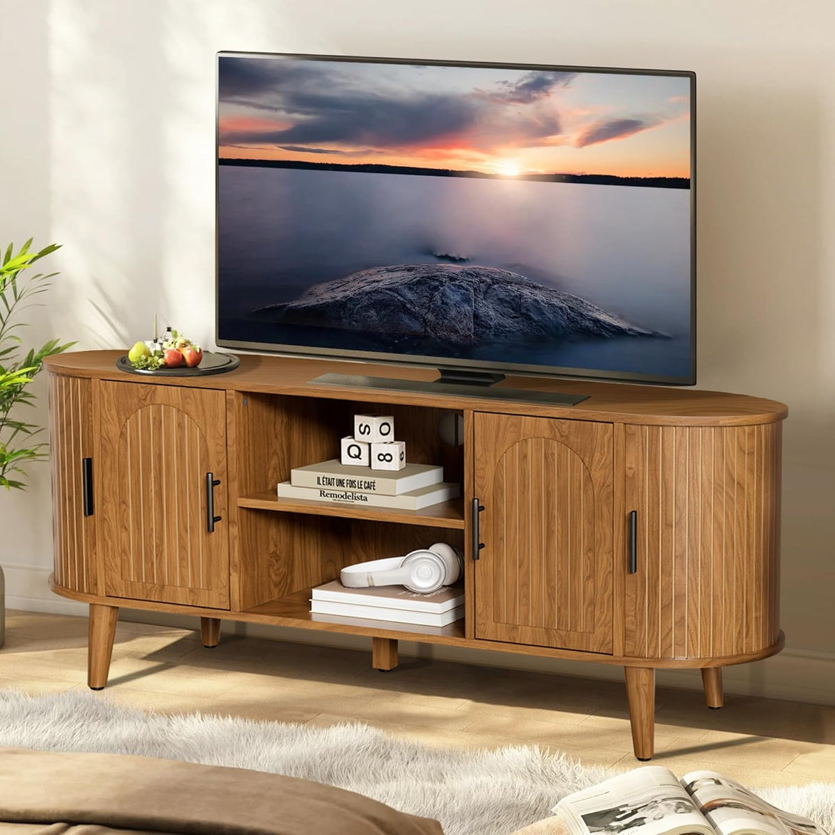 51" Fluted TV Stand, Mid-Century Modern Entertainment Center for Tvs up to 60" with Drawers and