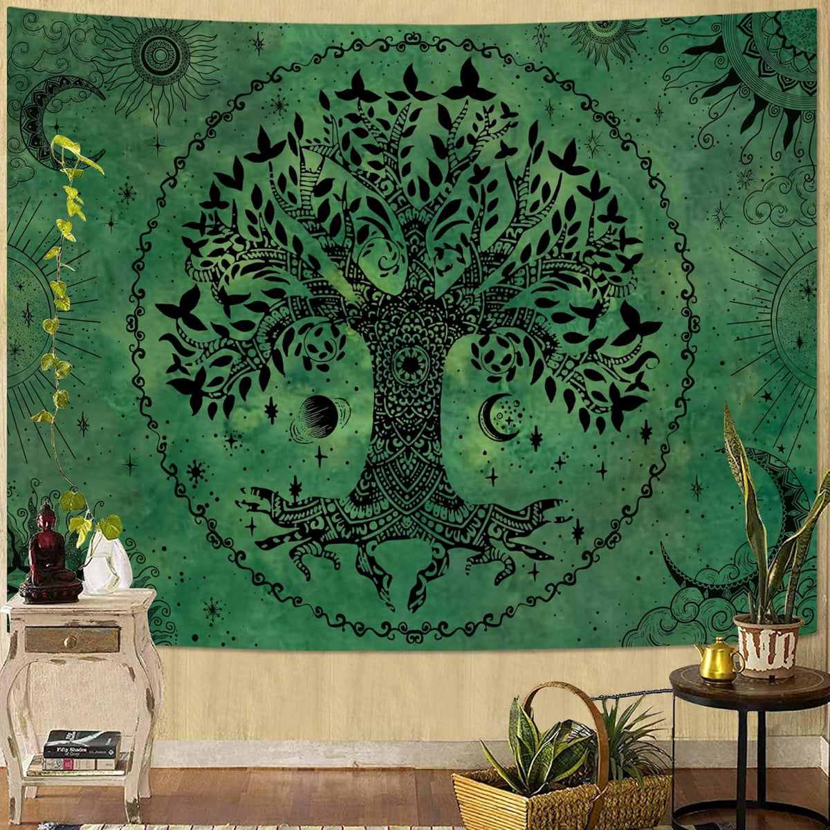 Lunerfex Tree of Life Mandala Tapestry Boho Tapestry for Bedroom Green Tapestries Wall Hanging