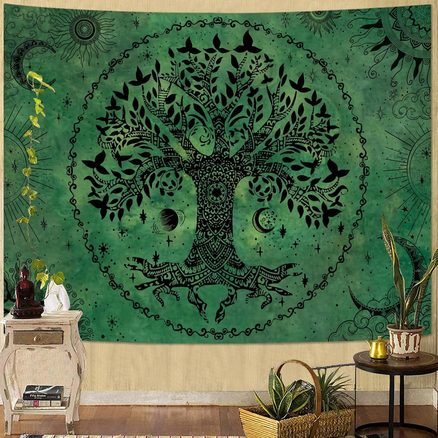 Lunerfex Tree of Life Mandala Tapestry Boho Tapestry for Bedroom Green Tapestries Wall Hanging