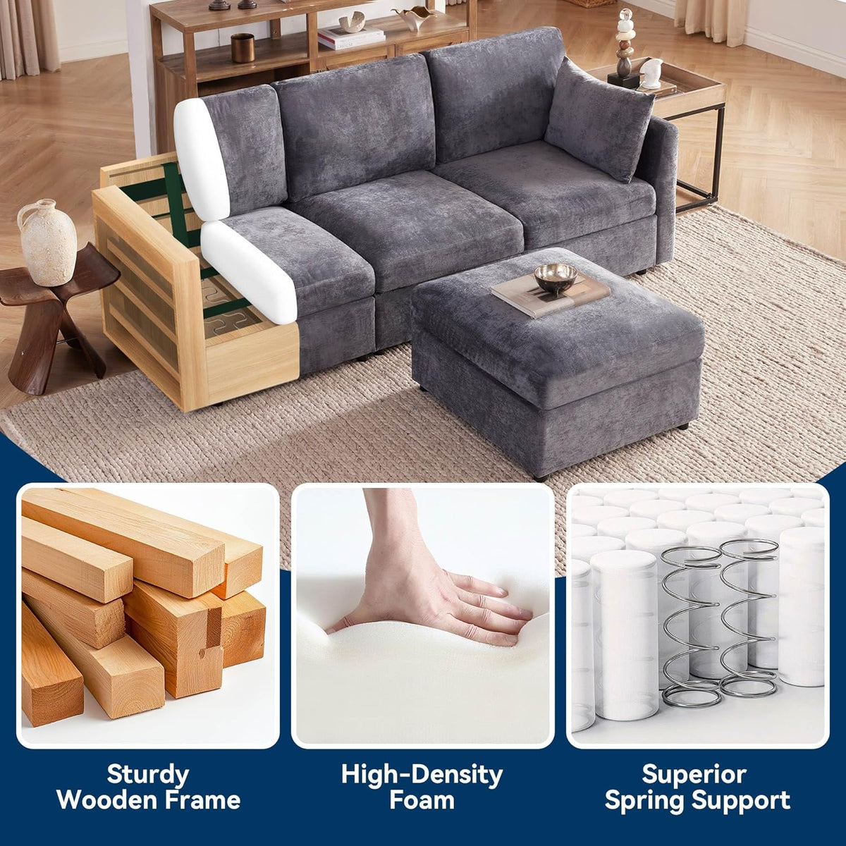 Tbfit Convertible L Shaped Couch, Sectional Sofa for Living Room,Chenille Cloud Couch with Ottoman