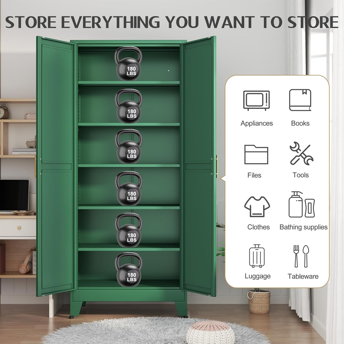 75.2" Tall Kitchen Food Pantry, Pantry Cabinet with 2 Door and 5 Adjustable Shelves, Green Laundry