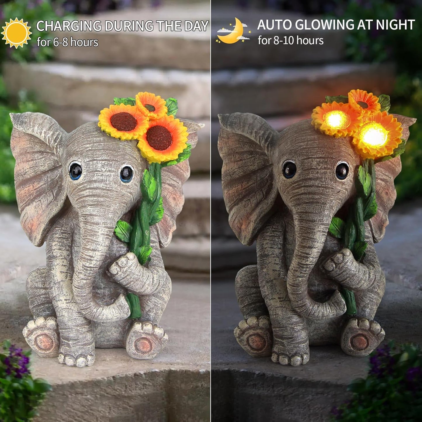 Outdoor Sculpture Figurine Statue Elephant Decor,Solar Garden Statues for Patio Home Yard