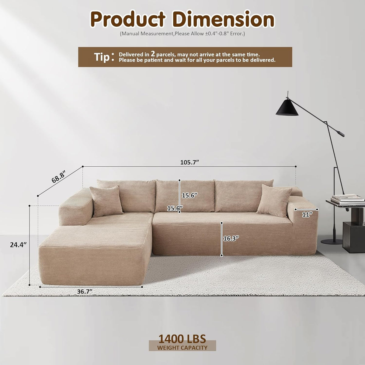 ovios 104" Cloud Sectional Couch with L-Shape Chaise,Modern Modular Sofa with Deep Seat