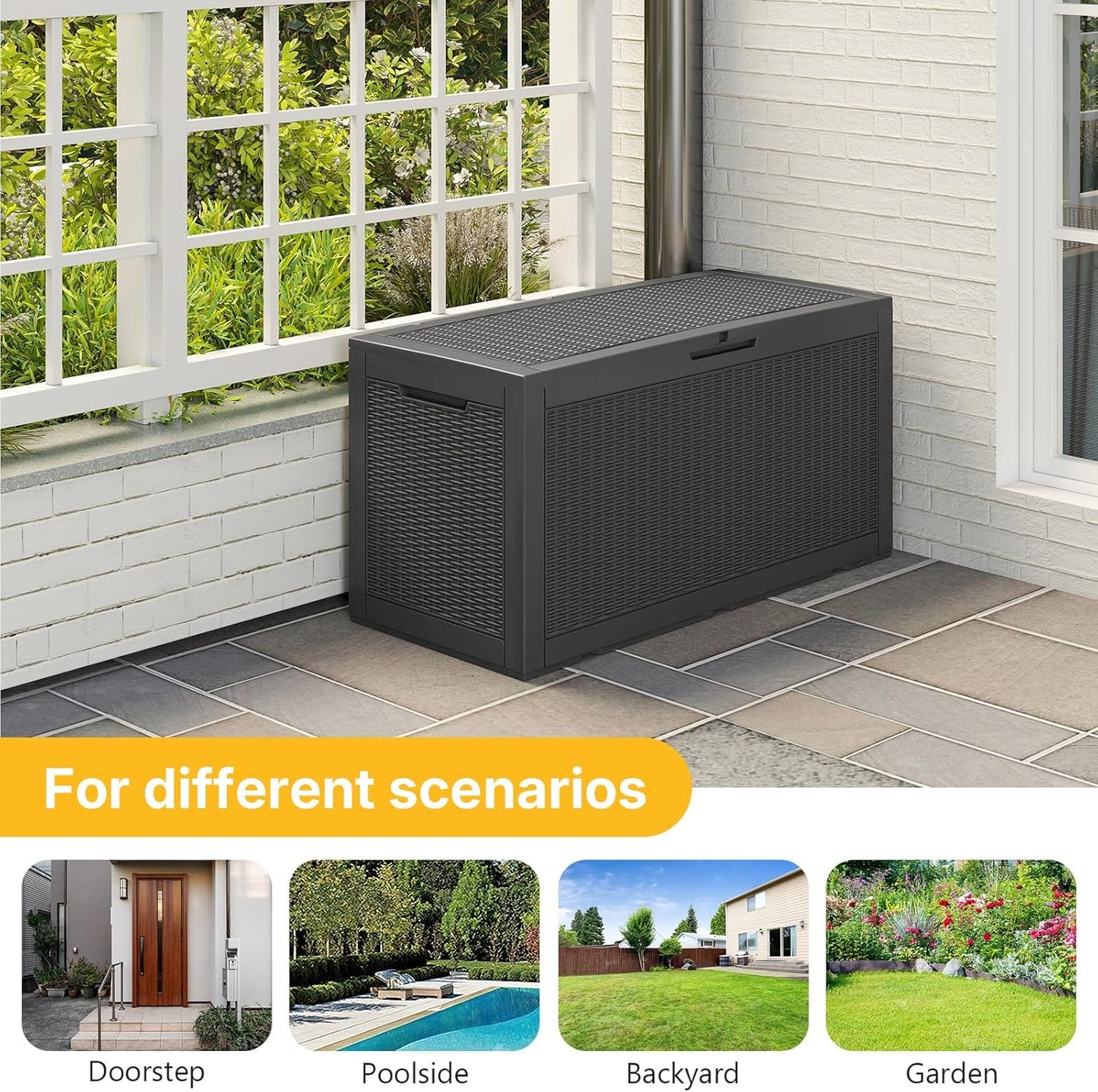 100 Gallon Deck Box Outdoor Waterproof, Rattan Outdoor Storage Box, Patio Storage Boxes for