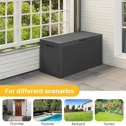 100 Gallon Deck Box Outdoor Waterproof, Rattan Outdoor Storage Box, Patio Storage Boxes for