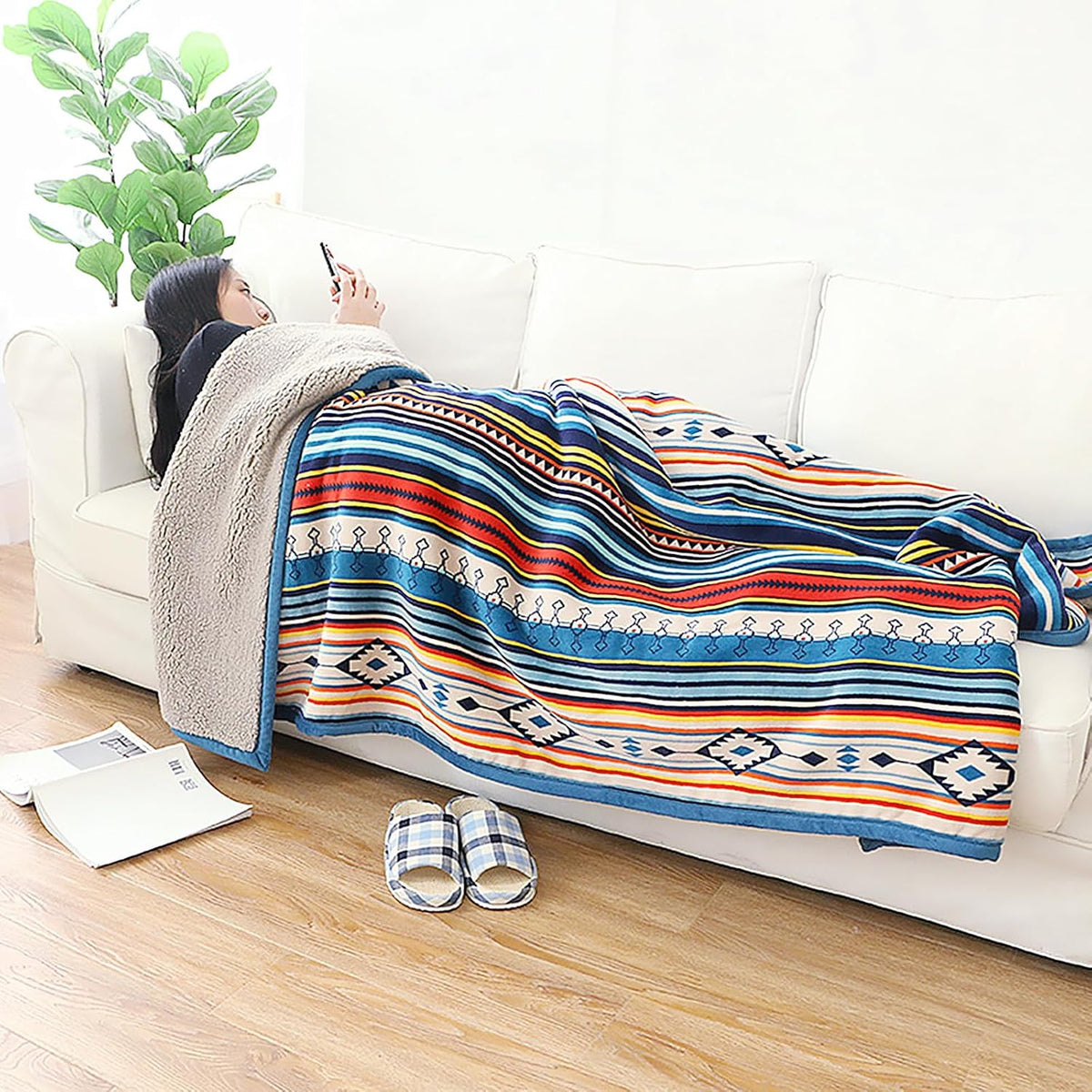 UKELER Boho Sherpa Throw Blanket Queen Size 80'' x 90'', Southwestern Aztec Throw Blanket for