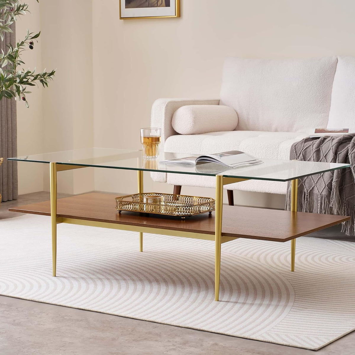 X-Large Rectangle Glass Coffee Table, Mid-Century Modern Design, for Living Room, L47 x W24 x H17