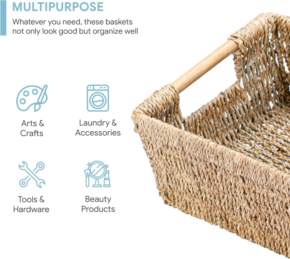 Natural Seagrass Storage Basket with Handle, Rectangular Woven Organizer Bin for Living Room or