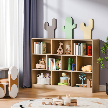 Cozy Castle Oak Bookshelf, 3-Tier Open Shelf Bookcase, 10 Cube Storage Organizer with Anti-Tilt