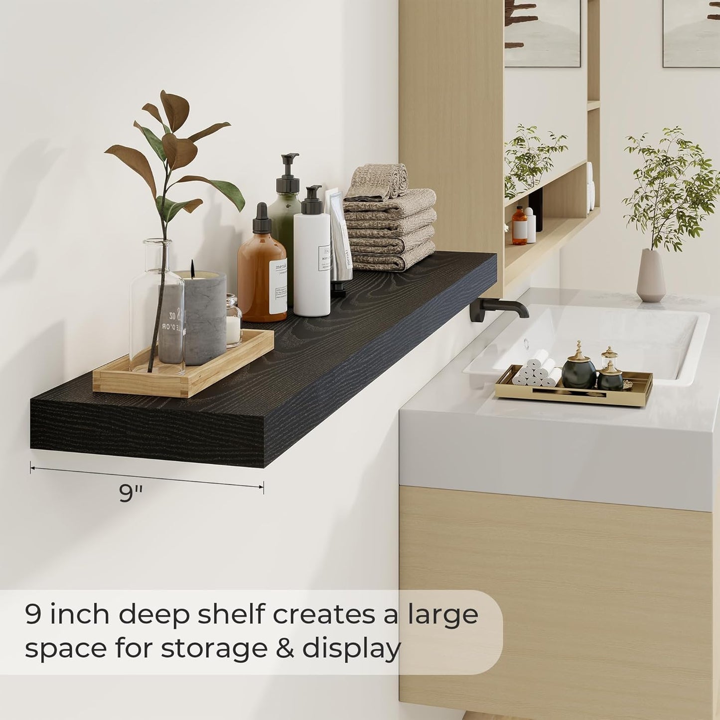 48 inch Floating Shelves for Wall Large Wall Mounted Shelves with Invisible Brackets, Black Long