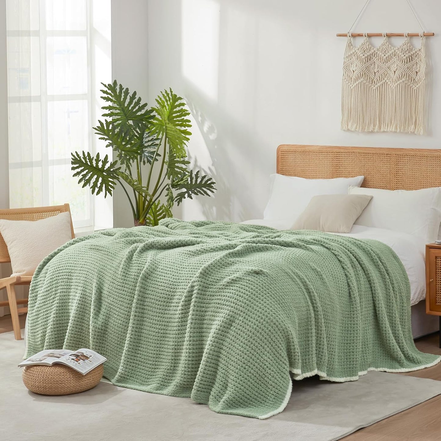 Snuggle Sac Sage Green Waffle Bedding Blankets Queen Size 90x90 inches, Reversible Microfiber