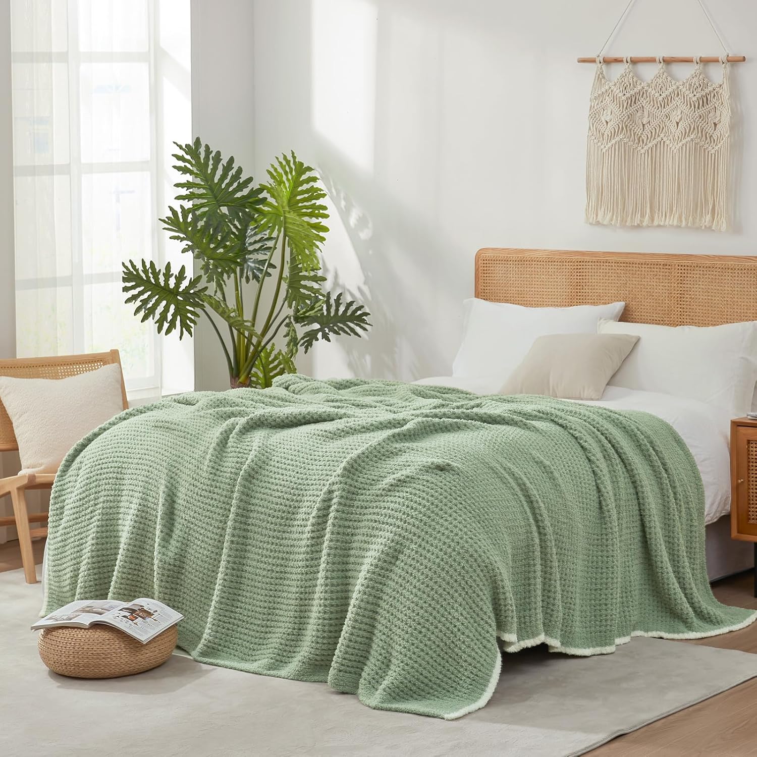Snuggle Sac Sage Green Waffle Bedding Blankets Queen Size 90x90 inches, Reversible Microfiber
