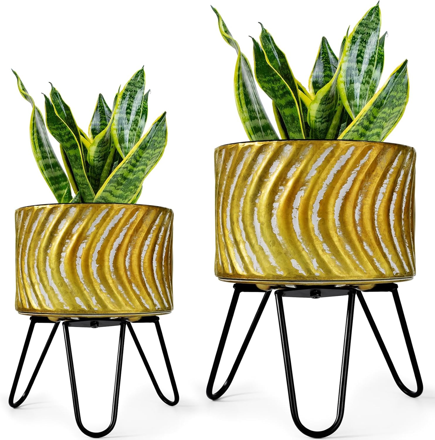 Harvest Land Plant Pots with Stand, Set of 2 Large Modern Planters Metal Tall Handmade Flower Pots