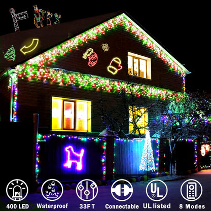 KNONEW Christmas Lights Outdoor Decorations 400 LED 33ft 8 Modes Curtain Fairy String Light with 75