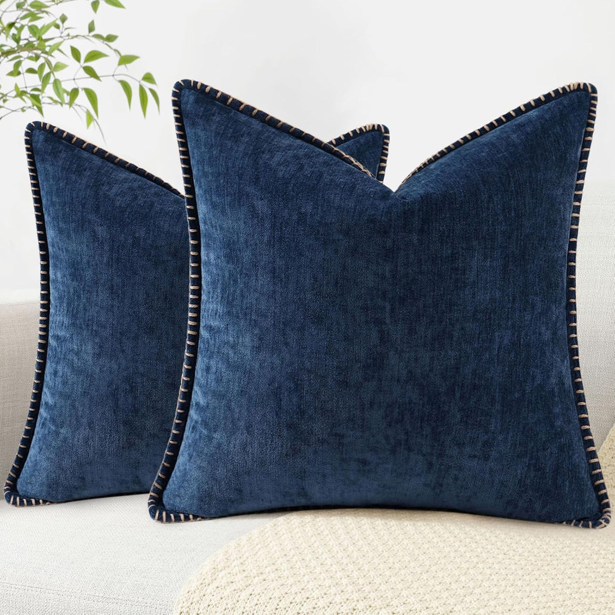 decorUhome Chenille Soft Throw Pillow Covers 22x22 Set of 2, Farmhouse Velvet Neutral Decorative