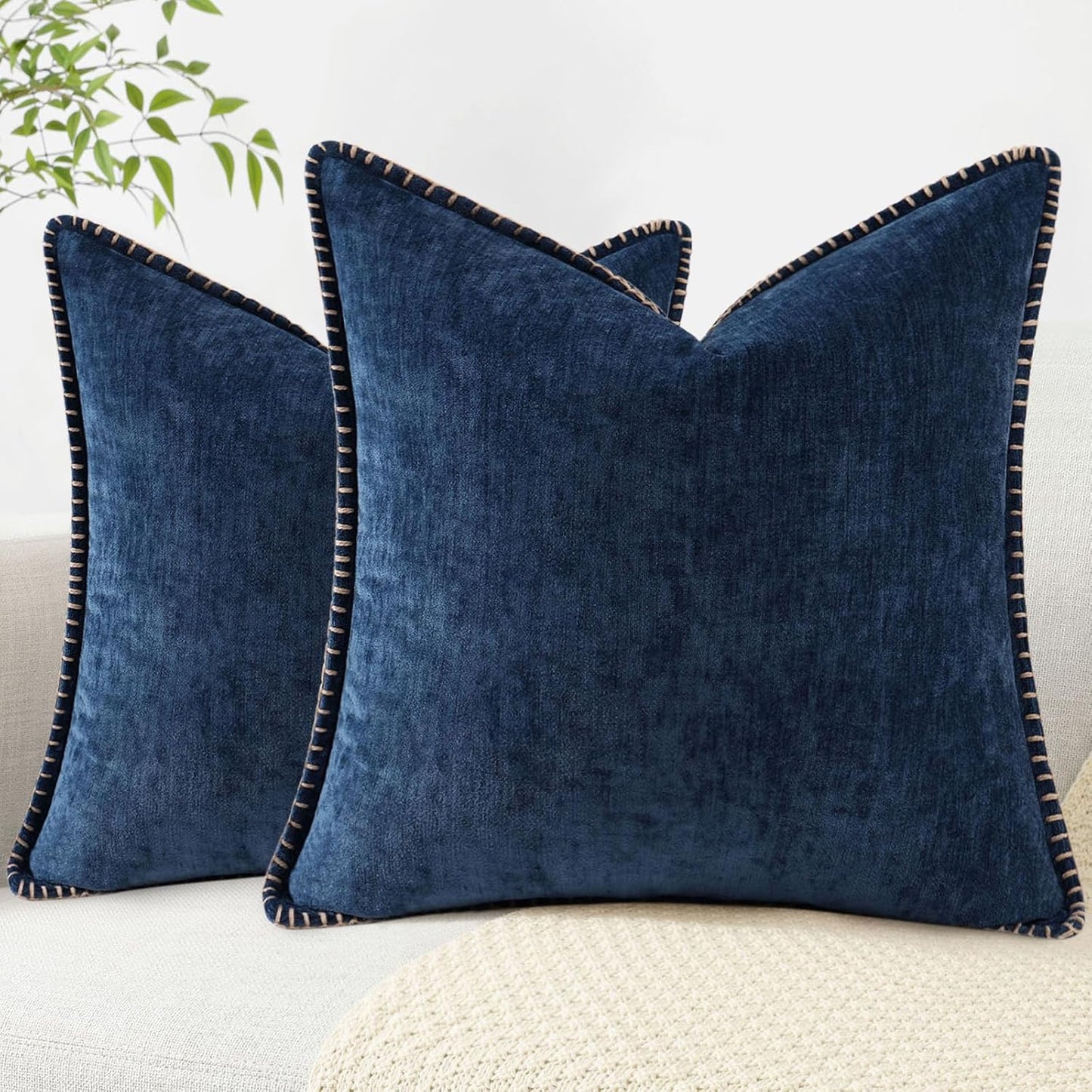 decorUhome Chenille Soft Throw Pillow Covers 24x24 Set of 2, Farmhouse Velvet Neutral Decorative