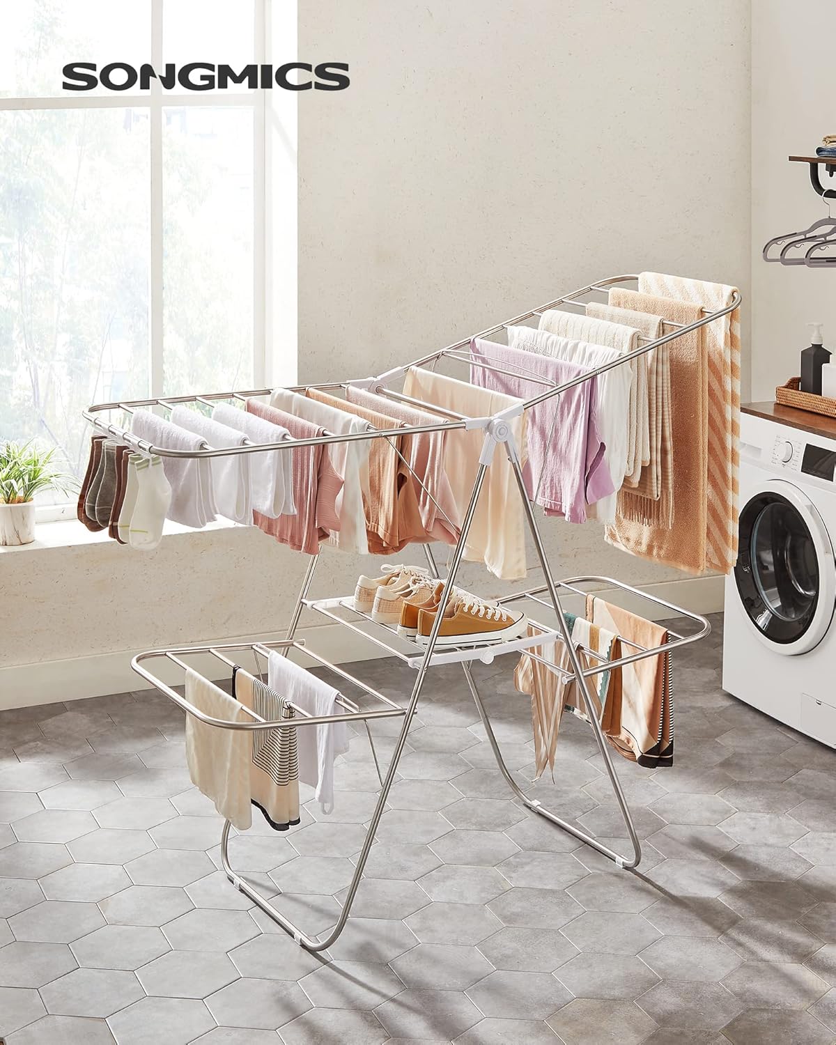 SONGMICS Clothes Drying Rack, Foldable 2-Level Laundry Drying Rack, Free-Standing Laundry Airer