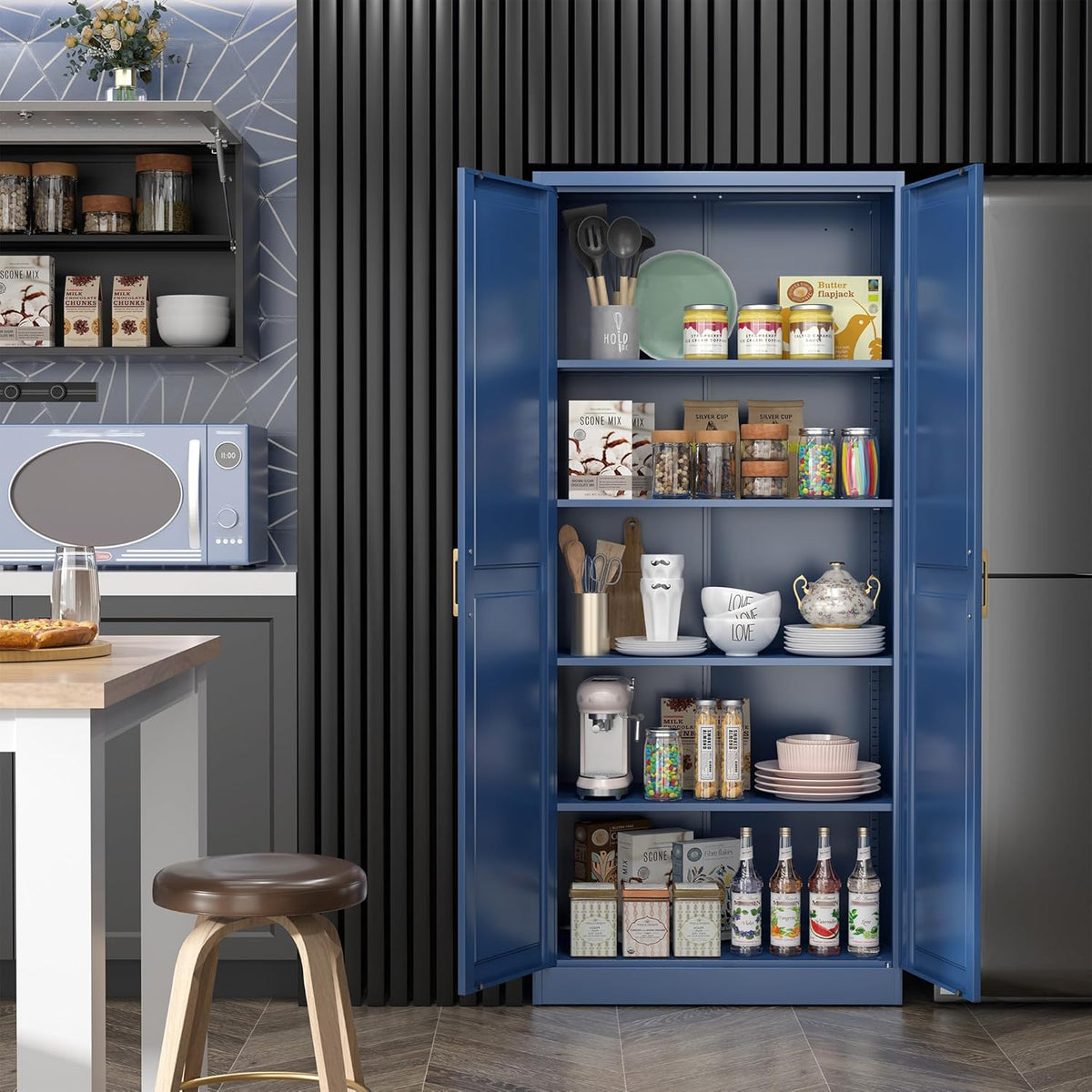 Kitchen Pantry Cabinet,71”Blue Metal Pantry Storage Cabinets with Doors and 4 Adjustable