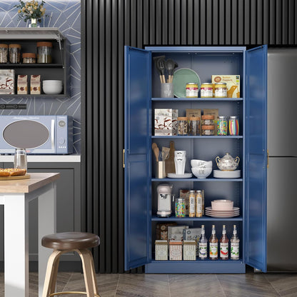 Kitchen Pantry Cabinet,71”Blue Metal Pantry Storage Cabinets with Doors and 4 Adjustable