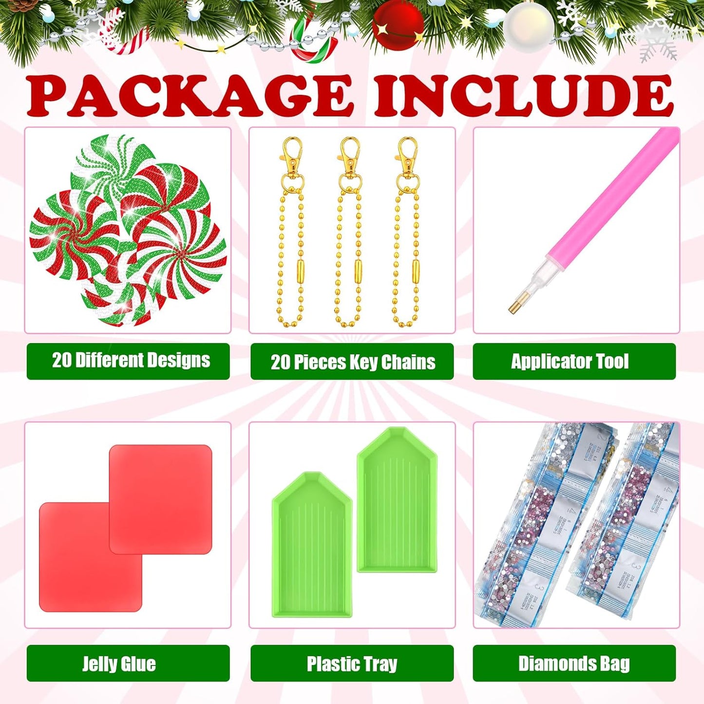 Tondiamo 20 Pcs Christmas Diamond Painting Keychain Kits 5D DIY Diamond Art Pendants Double Sided