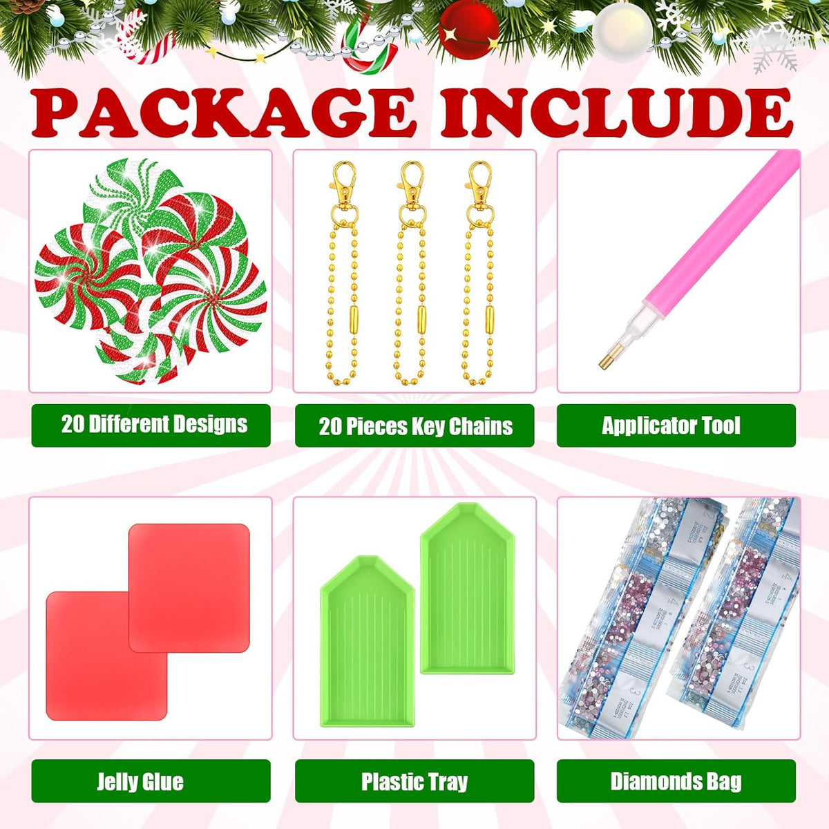 Tondiamo 20 Pcs Christmas Diamond Painting Keychain Kits 5D DIY Diamond Art Pendants Double Sided