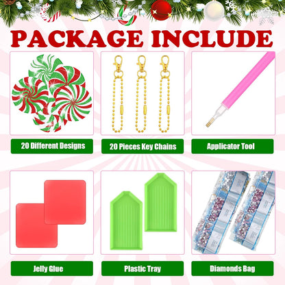 Tondiamo 20 Pcs Christmas Diamond Painting Keychain Kits 5D DIY Diamond Art Pendants Double Sided