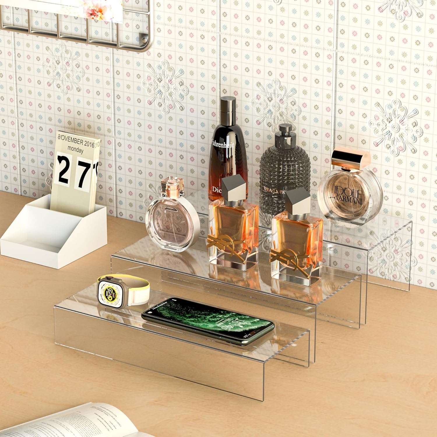 Clear Riser Display Shelf 3pcs, Desktop Rectangular Acrylic Display Shelves Storage Organizer