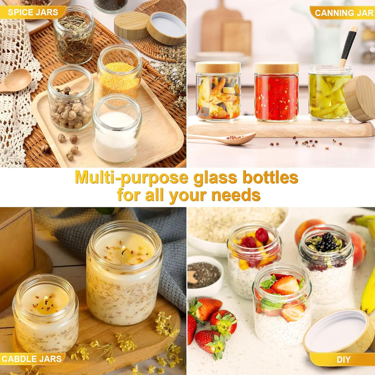AISIPRIN Spice Jars with Label,12 Pcs 8oz Glass Jars with Bamboo Lids,Spice Organizer for