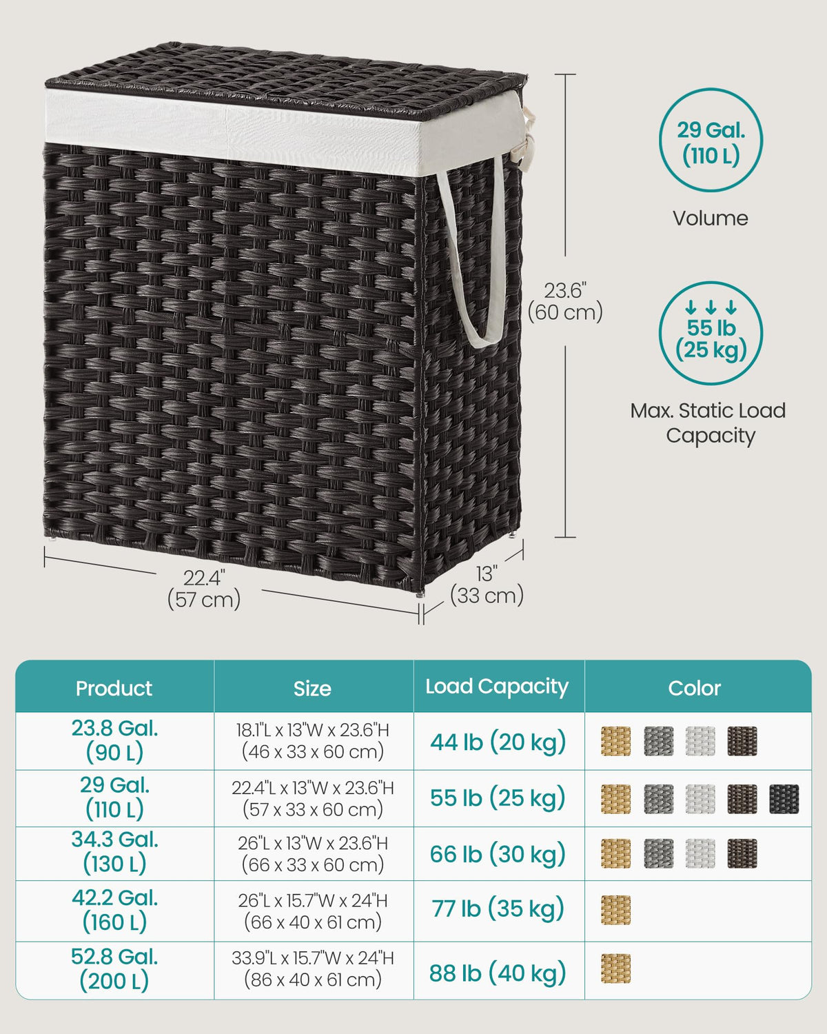 SONGMICS Laundry Hamper with Lid, 110L Wicker Laundry Basket
