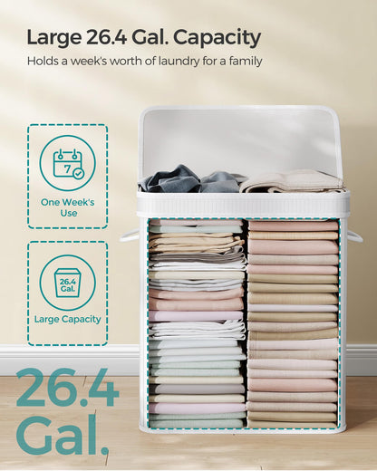 SONGMICS Laundry Hamper with Lid, Bamboo Laundry Basket, Removable Machine Washable Laundry Basket