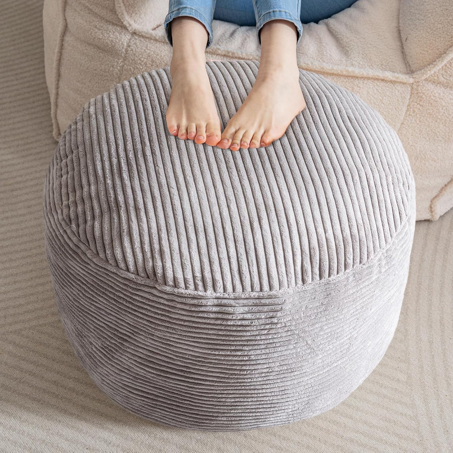 HIGOGOGO Round Stuffed Pouf Ottoman, Corduroy Poufs with Foam Chunk Filling, Furry and Fluffy Pouf