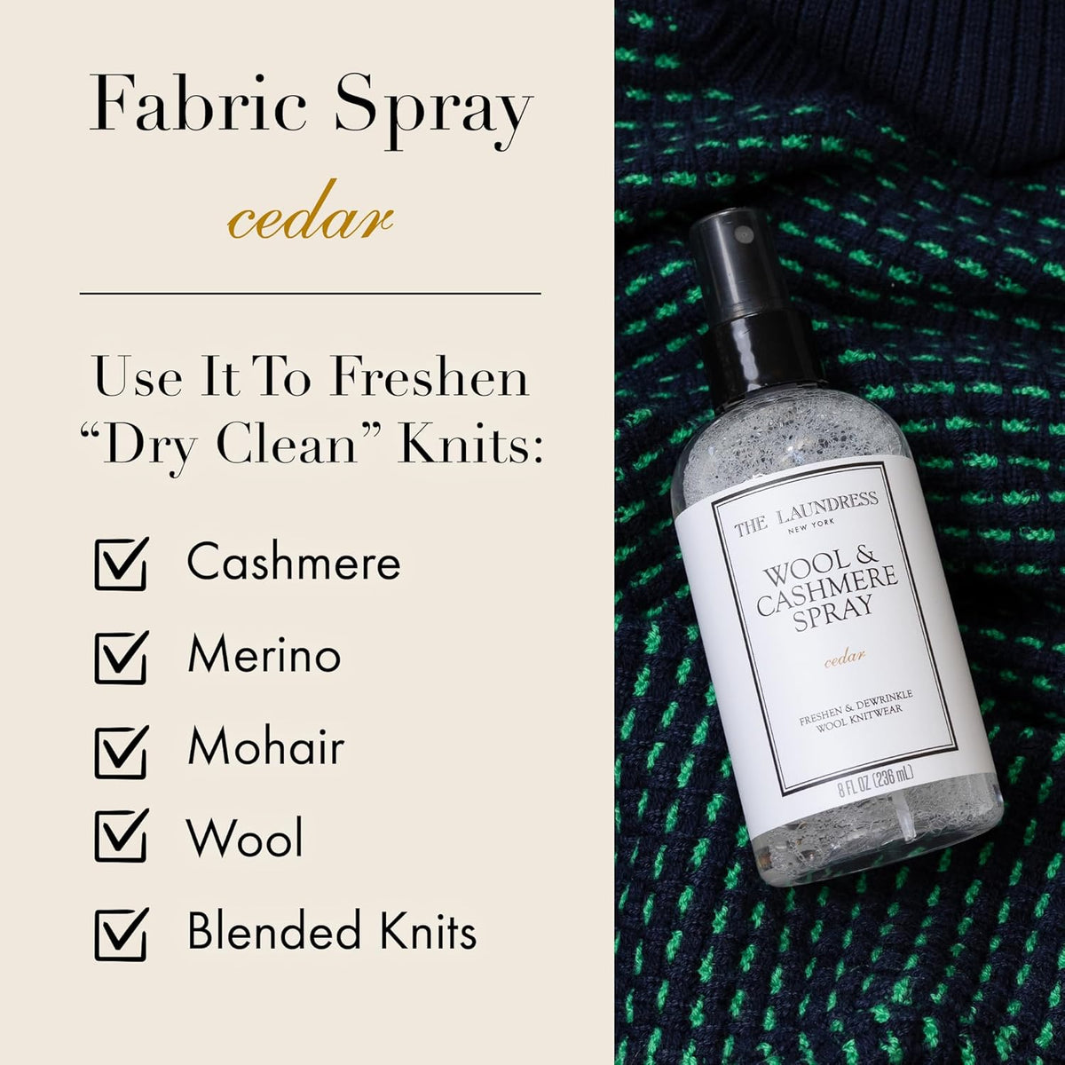 The Laundress Wool and Cashmere Fabric Spray, Wool Dewrinkle Spray, Upholstery and Linen Spray