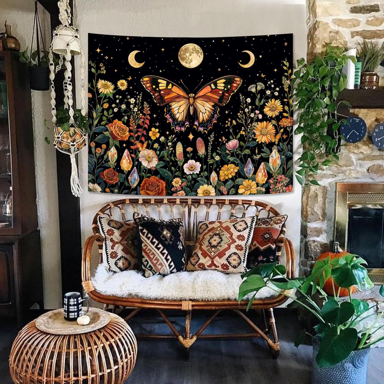 Lunerfex Boho Butterfly Tapestry Flower Moon Wall Tapestry, Moon Phases Tapestries for Bedroom Cute