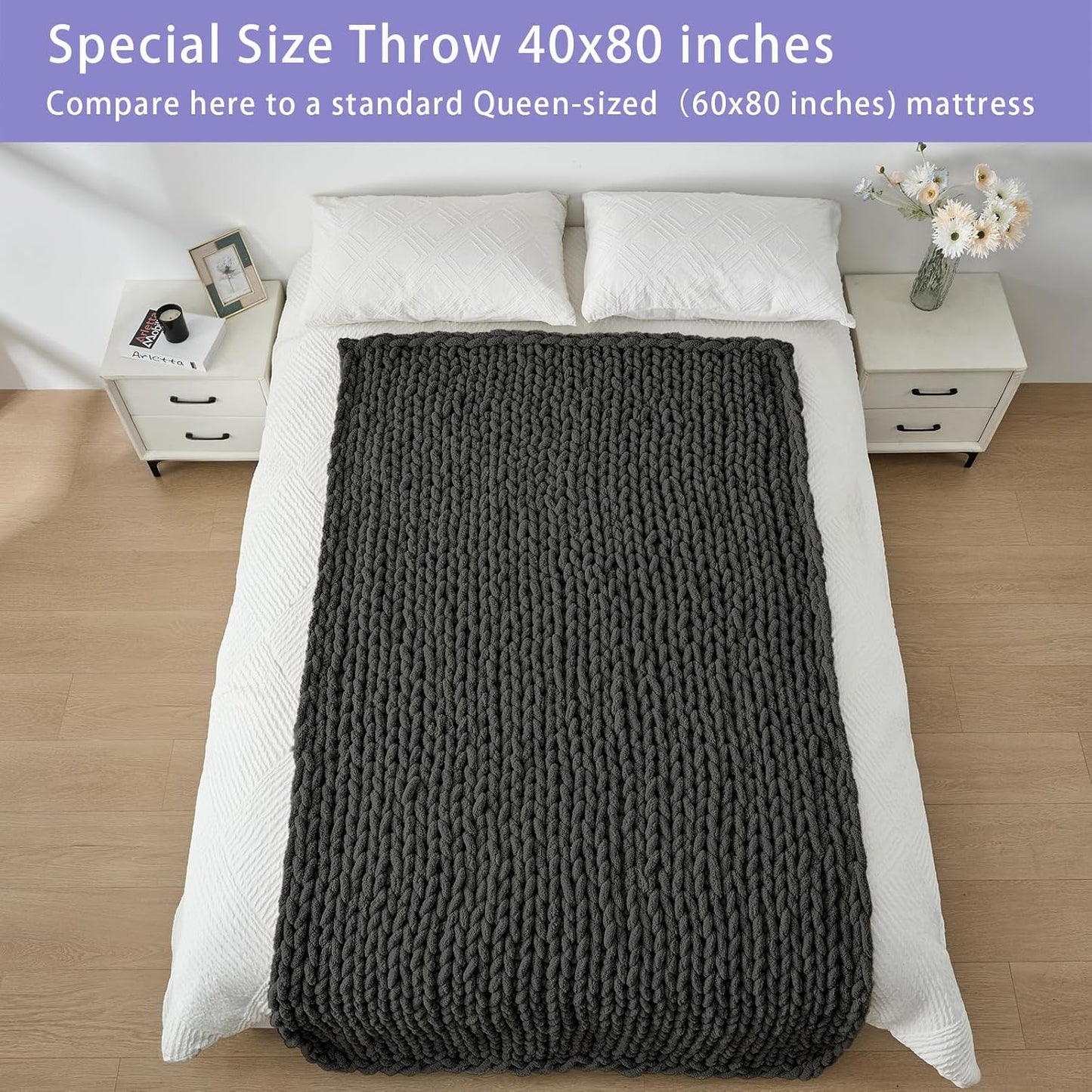 Bigacogo Chunky Knit Throw Blanket for Couch, 40x80 inches, 100% Hand Knitted with Thick Jumbo