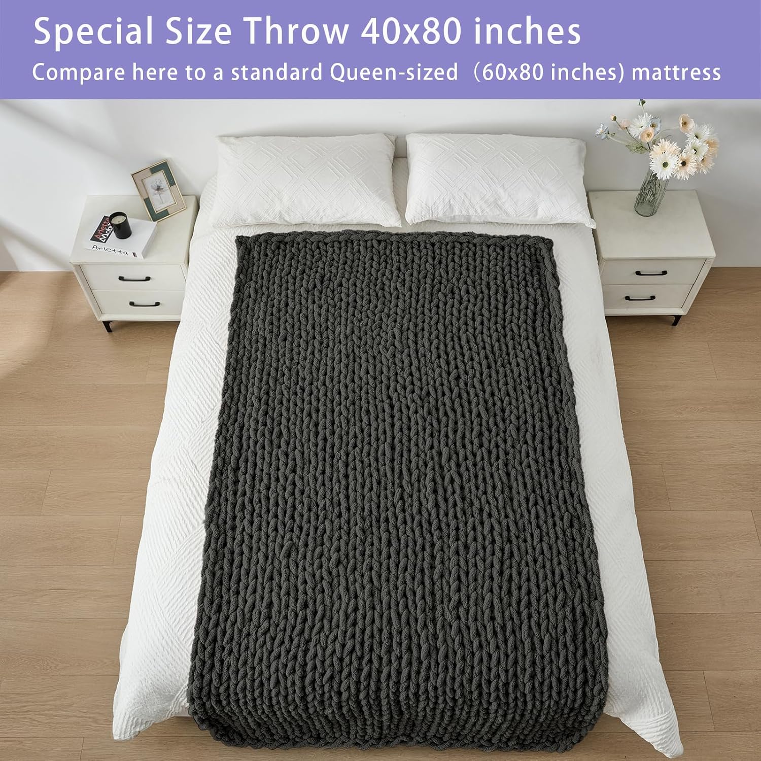 Bigacogo Chunky Knit Throw Blanket for Couch, 40x80 inches, 100% Hand Knitted with Thick Jumbo